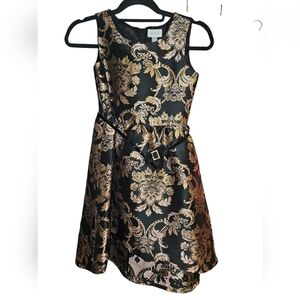 Girl’s Black, Pink & Gold Brocade Sleeveless Party Holiday Floral Dress Size 14